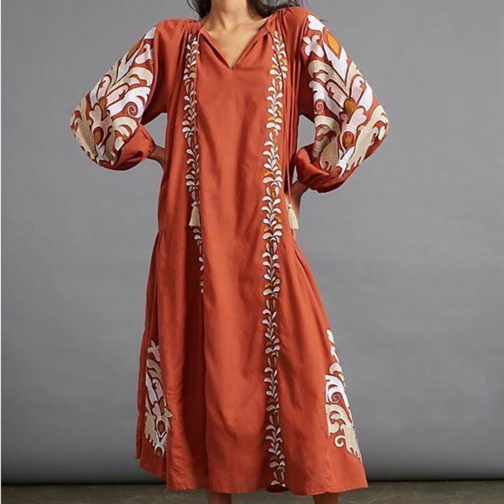 Anthropologie Justine Midi Embroidered Dress